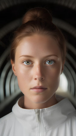 Portrait of a beautiful young girl with blue eyes and frecklesの素材