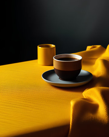 Cup of coffee on a yellow tablecloth. Black background.の素材