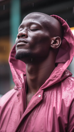 Handsome african american man in raincoat looking awayの素材