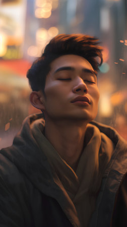 Portrait of a young handsome Asian man in the city at nightの素材