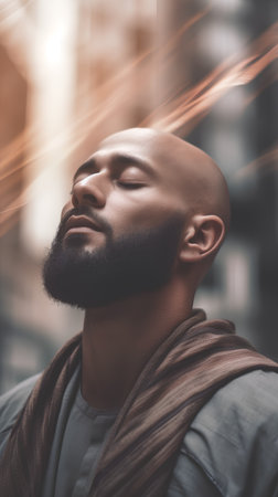 Portrait of a young handsome man with beard and mustache in the cityの素材