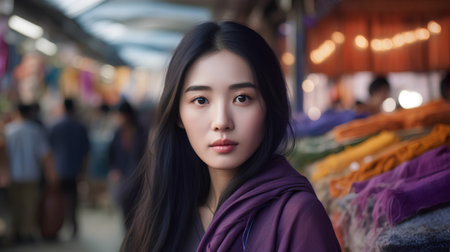 Portrait of beautiful asian woman shopping in the market at nightの素材