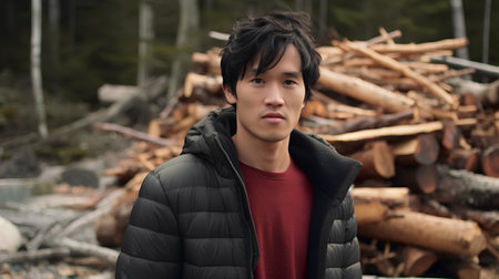 Portrait of a handsome asian man in the forest with a hoodieの素材