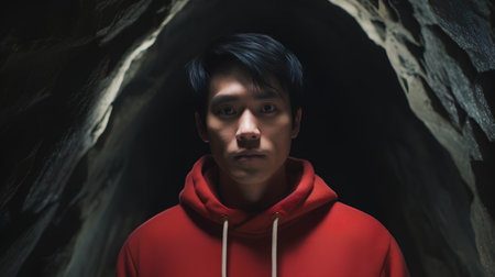 Portrait of young Asian man in red hoodie standing in dark tunnelの素材