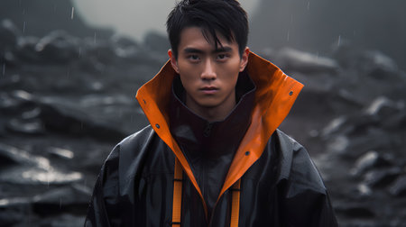 Young asian man in black raincoat and orange raincoat looking at camera.の素材