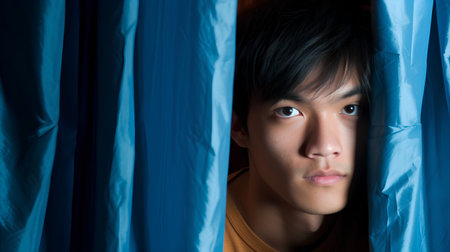 Young asian man looking through a blue curtain in a dark roomの素材