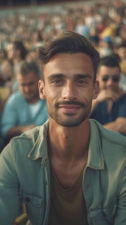 Portrait of a young handsome man at a music festival or cinemaの素材