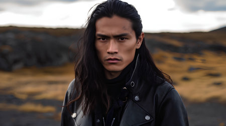 Portrait of a handsome young man with long black hair in a black leather jacket. He is standing in the middle of the field.の素材