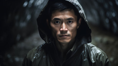 Portrait of a young man in a raincoat with hood.の素材