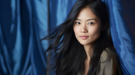 Portrait of beautiful asian woman with dark hair and blue curtainsの素材