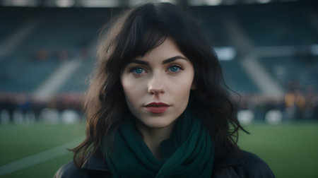 Portrait of a beautiful girl in a black coat on the football stadiumの素材