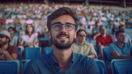 Young man with eyeglasses sitting in front of a large audienceの素材
