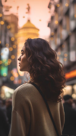 Beautiful young woman with curly hair in the city at sunset.の素材