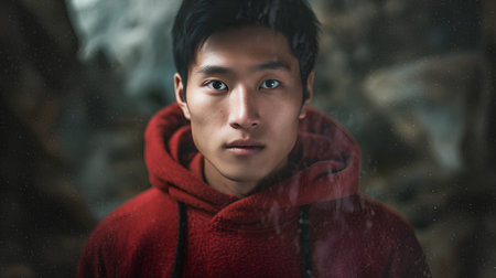Portrait of a young Asian man wearing a red coat and a red scarfの素材