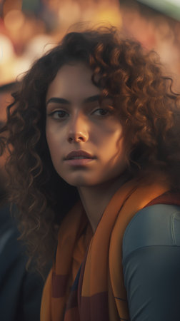 Portrait of a beautiful young girl with curly hair and brown eyes.の素材