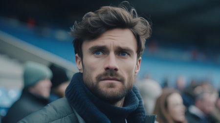 Portrait of a handsome young man looking at the camera while standing in a stadiumの素材
