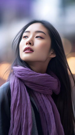 beautiful asian girl in a scarf on the street in winterの素材