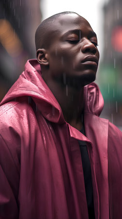 Portrait of a young african american man in raincoat.の素材