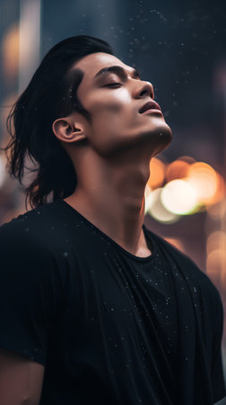 Portrait of young asian man in black t-shirt standing under rain.の素材
