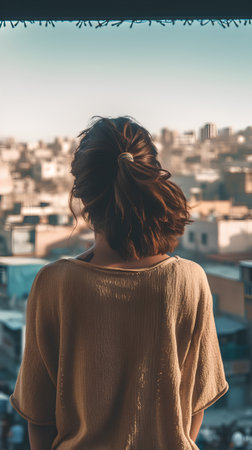 Young woman looking at the city from the roof of her house.の素材