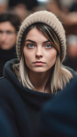 Portrait of a beautiful young woman in a hat on the streetの素材