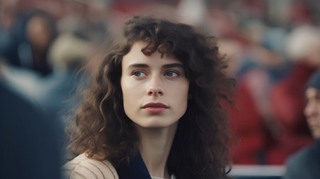 portrait of a beautiful girl on the background of a large crowdの素材