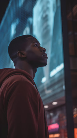 Side view of young african american man looking away in cityの素材