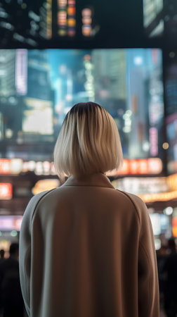 Back view of young woman looking at night city. Blurred background.の素材