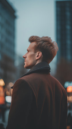 Handsome young man in a stylish brown coat in an urban contextの素材