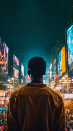Back view of a man in a yellow hoodie looking at the night cityの素材