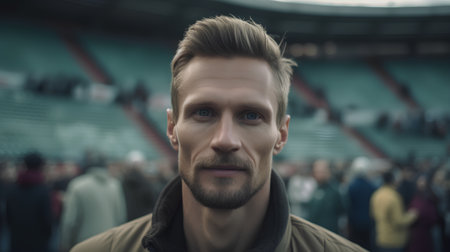 Portrait of a handsome young man with blond hair and beard at the stadiumの素材