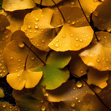 Ginkgo biloba leaves with dew drops, closeupの素材