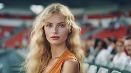 Portrait of a beautiful blonde woman in an orange dress on the background of the stadiumの素材