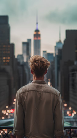 Rear view of young man looking at New York City skyline at duskの素材
