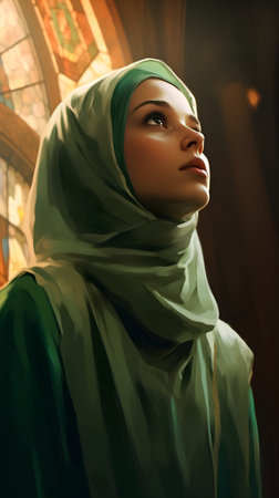 Young muslim woman in green cloth in the mosque. 3d renderingの素材