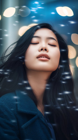 Portrait of a beautiful young asian woman wearing blue coat in the city.の素材