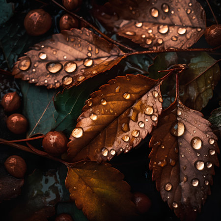 Autumn leaves with water drops on a dark background. Autumn concept.の素材