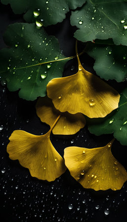 Ginkgo biloba leaves with water drops on black background.の素材