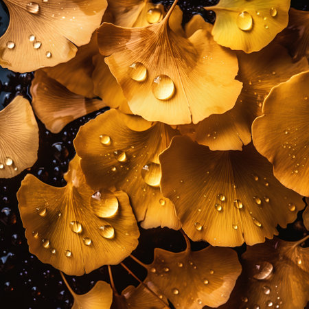 Ginkgo biloba leaves with water drops on black background.の素材