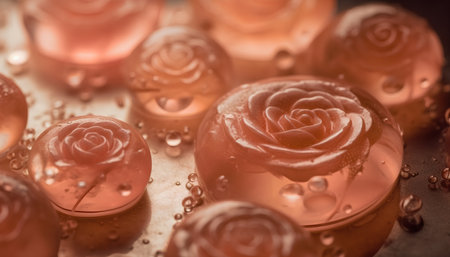 close up of a rose candle with water droplets on a baking sheetの素材