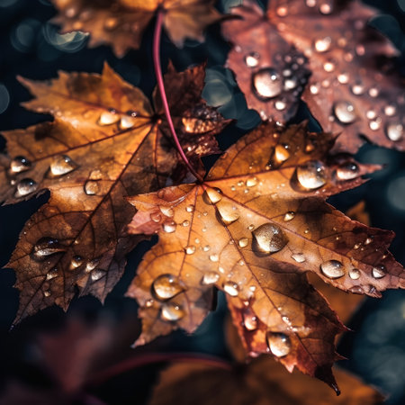 Autumn maple leaves with dew drops on a dark background.の素材