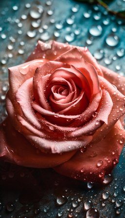 Beautiful pink rose with dew drops on dark blue background.の素材