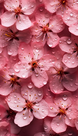 Beautiful pink sakura flowers with raindrops. Nature background.の素材
