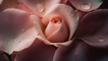 Beautiful pink rose with drops of dew on petals close upの素材