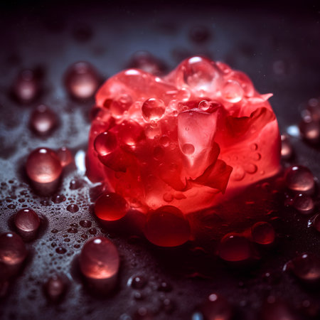 Red heart with water drops on a dark background. Valentine's day concept.の素材