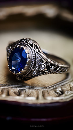 Jewelry ring with blue sapphire. Selective focus.の素材