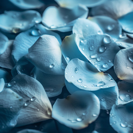 Beautiful blue rose petals with drops of water close-upの素材