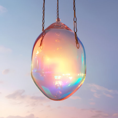 3D rendering of a glass pendulum hanging on the sky background.の素材
