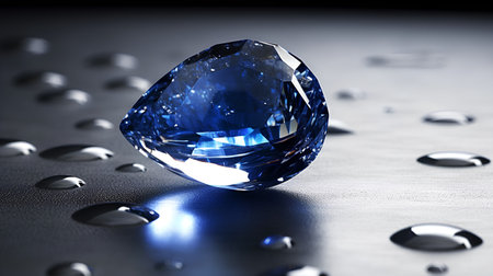 Blue sapphire with drops on dark background. 3d illustrationの素材