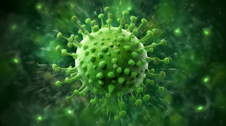 3d rendering of coronavirus or covid-19 in green backgroundの素材